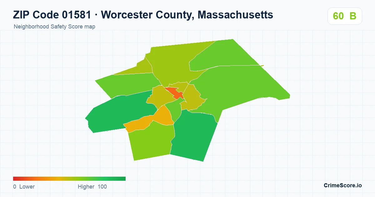 ZIP Code 01581 in Worcester County, Massachusetts neighborhood Safety Score map