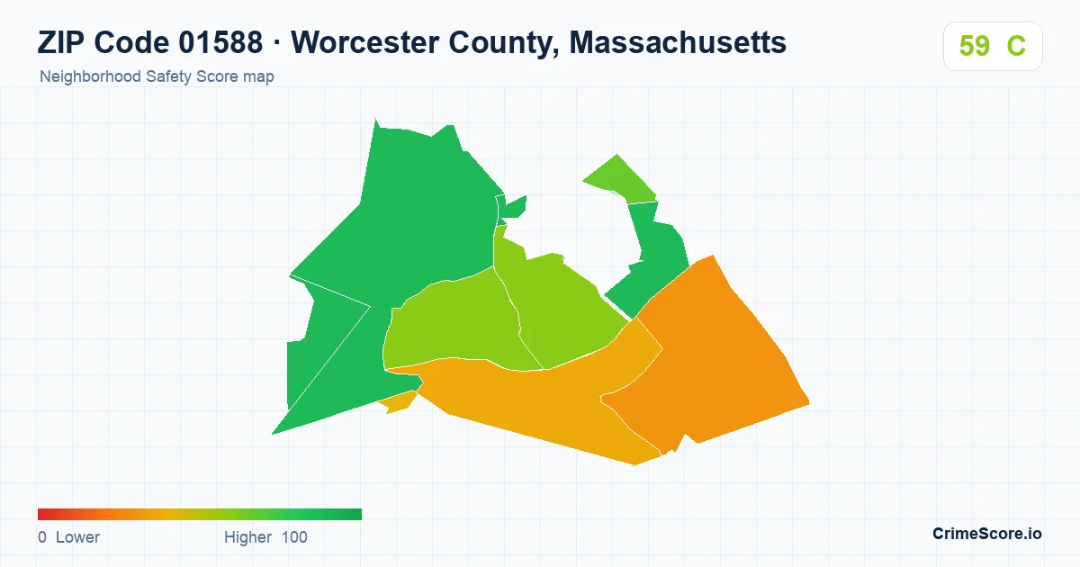 ZIP Code 01588 in Worcester County, Massachusetts neighborhood Safety Score map