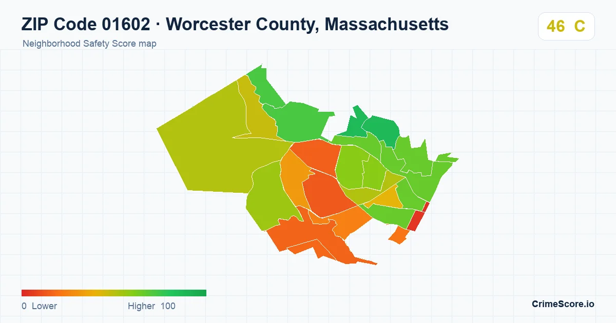 ZIP Code 01602 in Worcester County, Massachusetts neighborhood Safety Score map