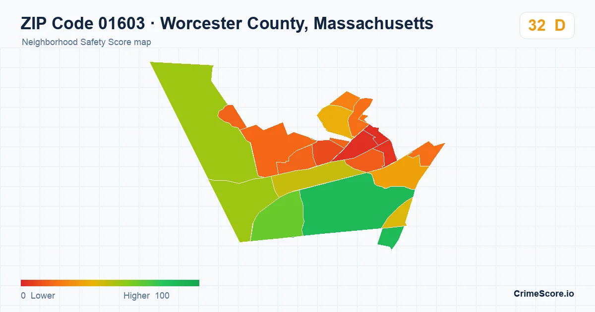 ZIP Code 01603 in Worcester County, Massachusetts neighborhood Safety Score map
