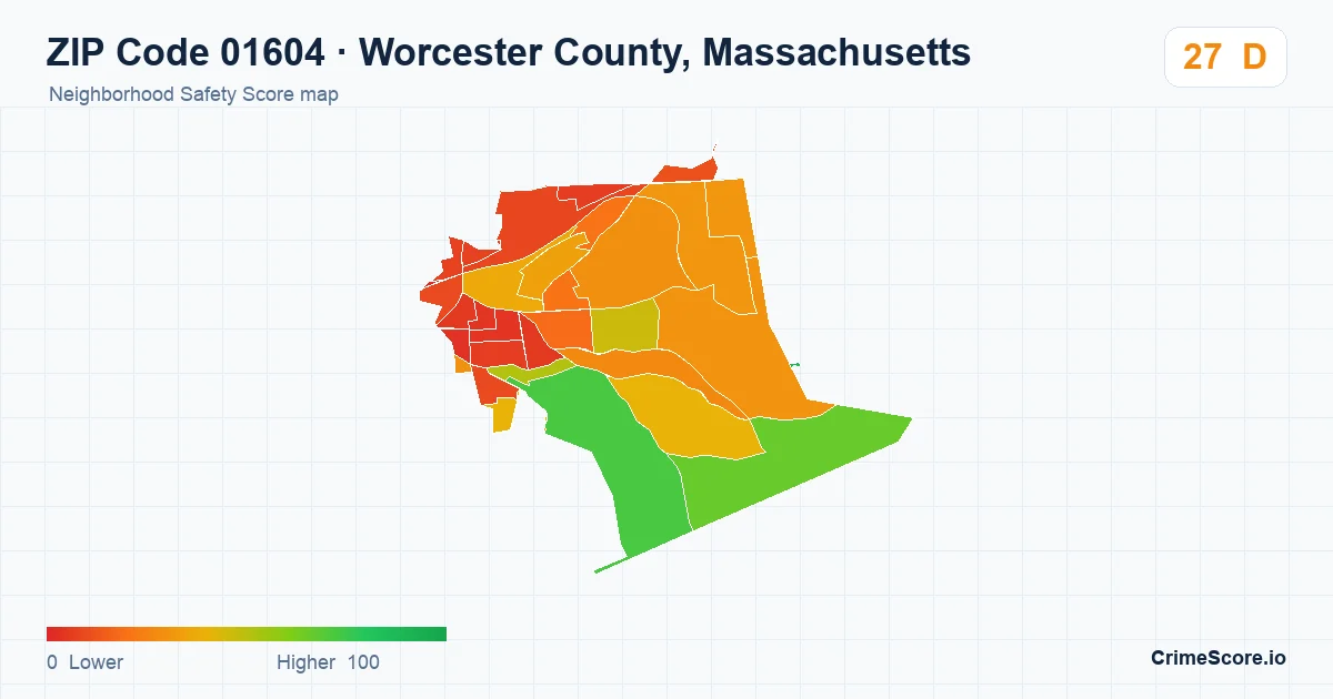 ZIP Code 01604 in Worcester County, Massachusetts neighborhood Safety Score map