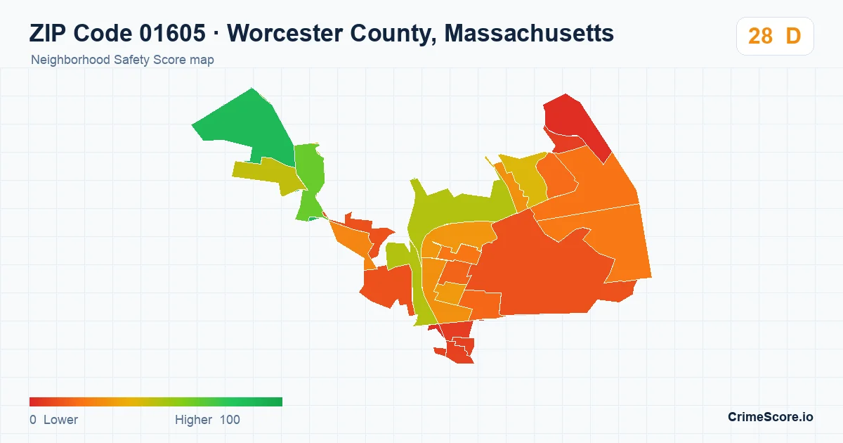 ZIP Code 01605 in Worcester County, Massachusetts neighborhood Safety Score map