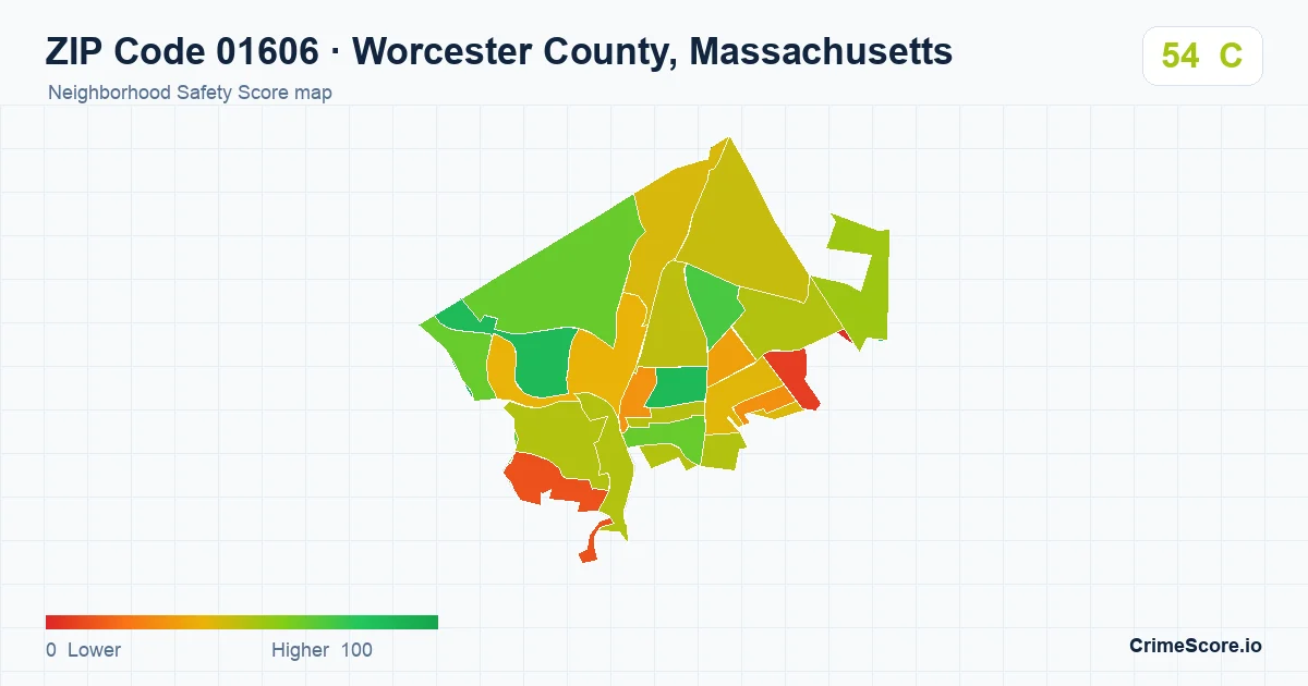 ZIP Code 01606 in Worcester County, Massachusetts neighborhood Safety Score map