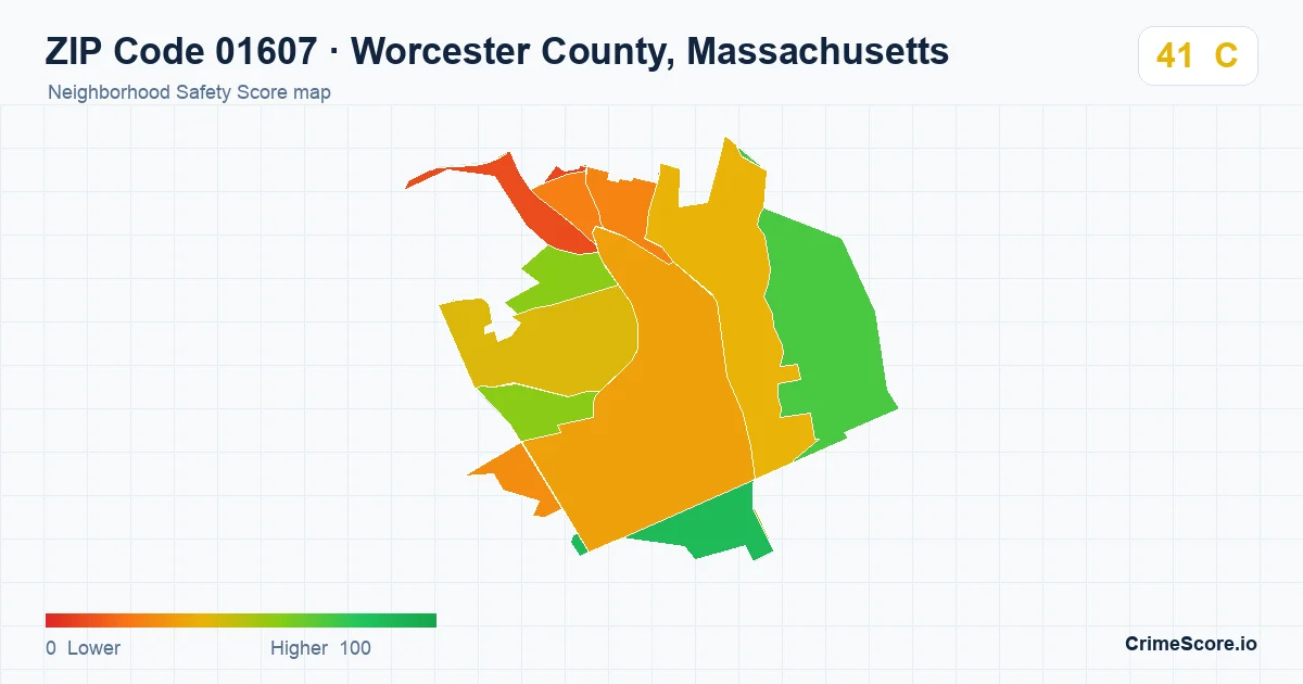 ZIP Code 01607 in Worcester County, Massachusetts neighborhood Safety Score map