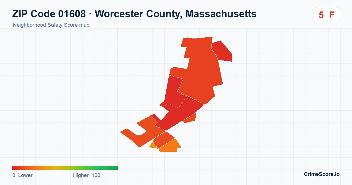 ZIP Code 01608 in Worcester County, Massachusetts neighborhood Safety Score map