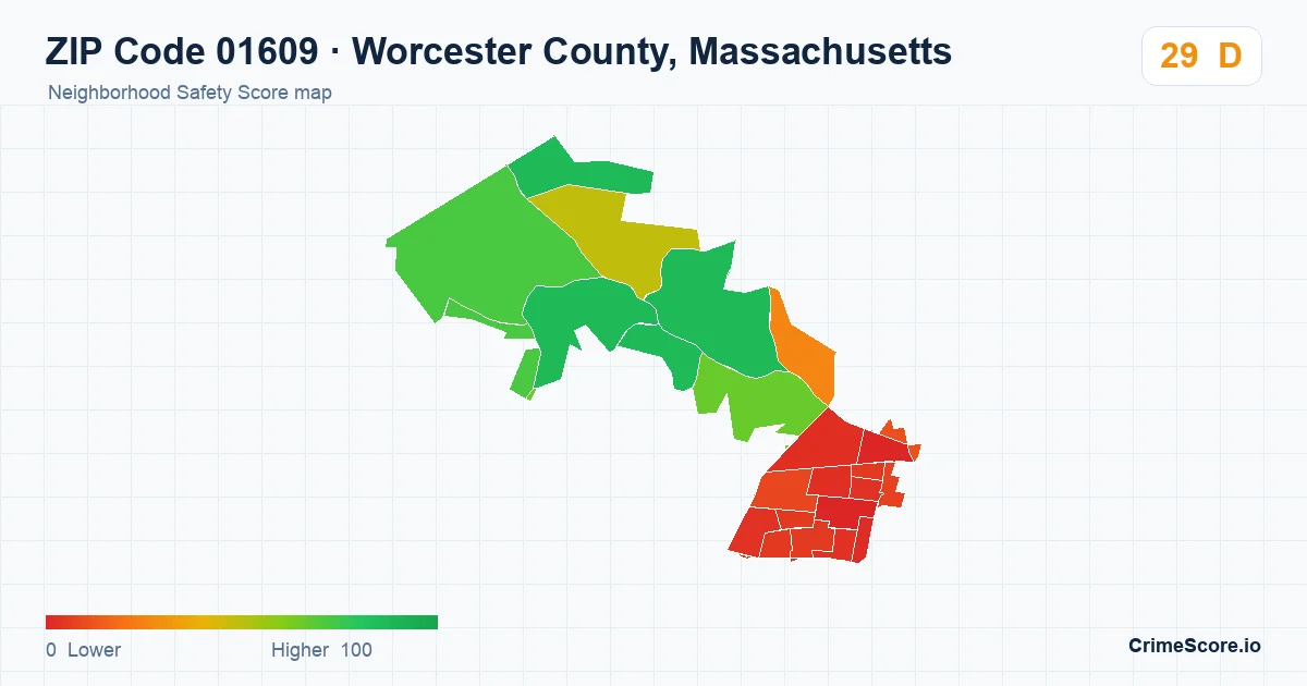 ZIP Code 01609 in Worcester County, Massachusetts neighborhood Safety Score map