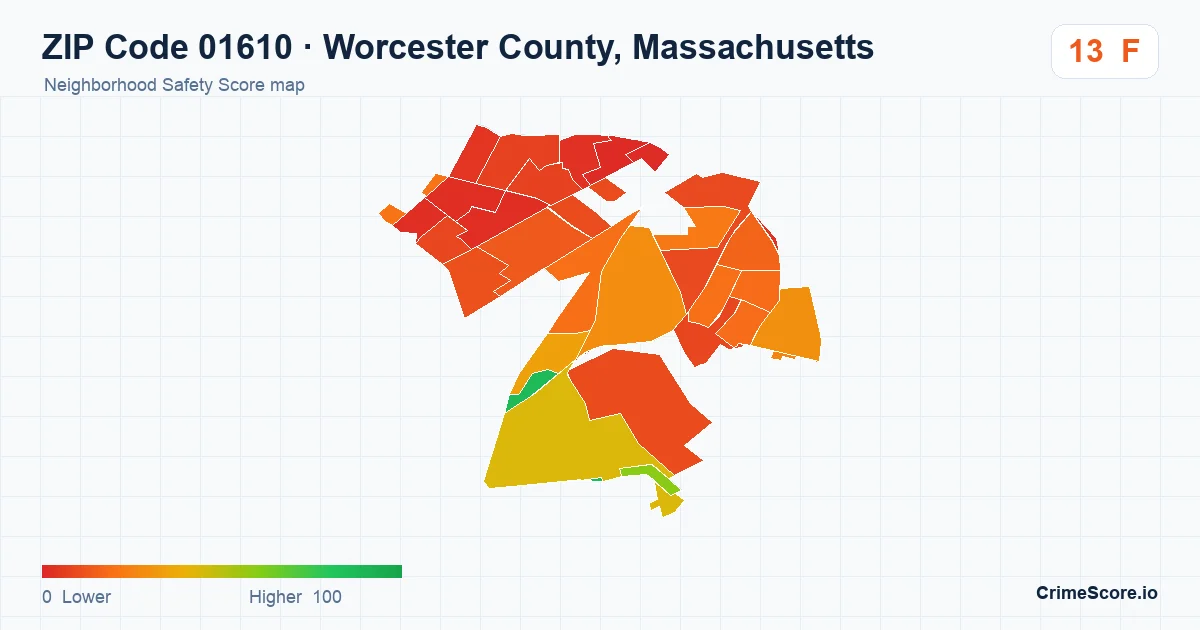ZIP Code 01610 in Worcester County, Massachusetts neighborhood Safety Score map