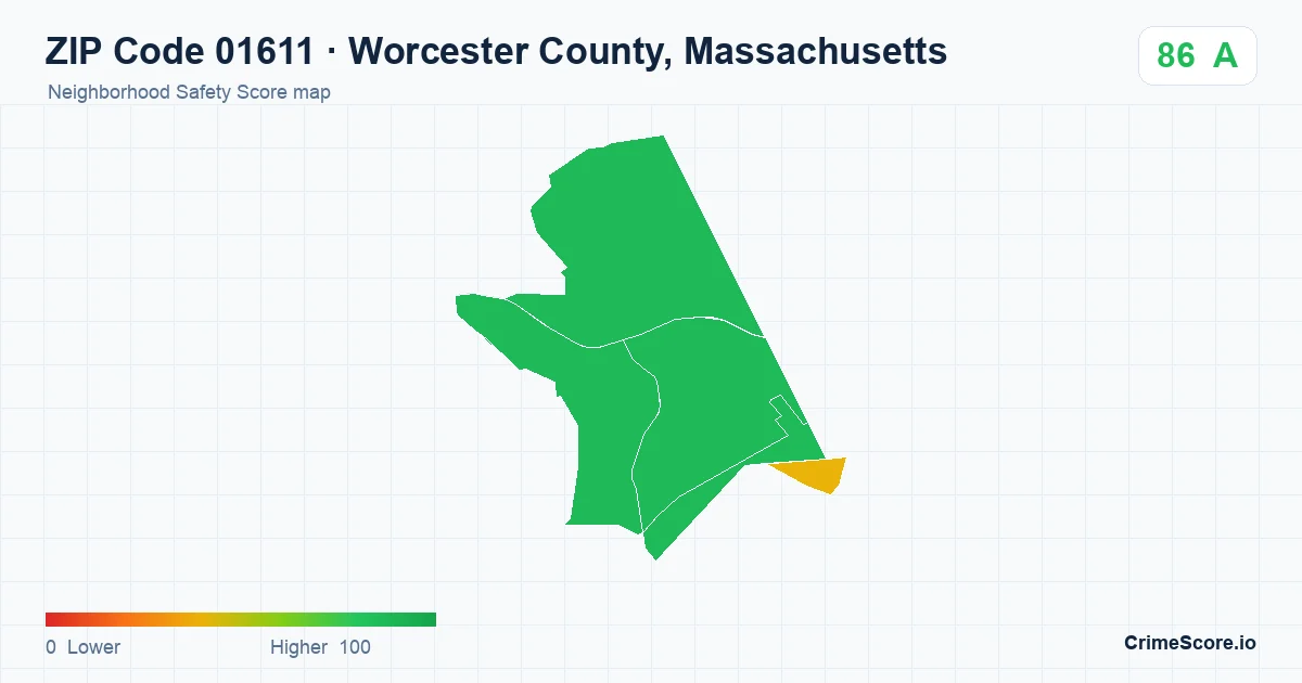 ZIP Code 01611 in Worcester County, Massachusetts neighborhood Safety Score map