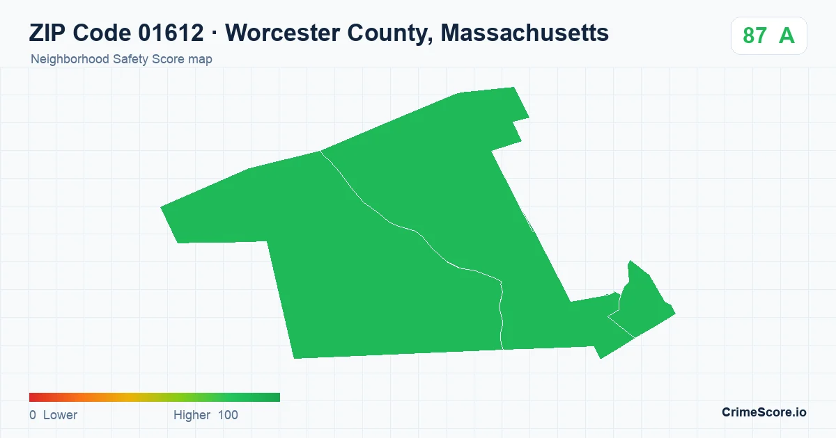 ZIP Code 01612 in Worcester County, Massachusetts neighborhood Safety Score map