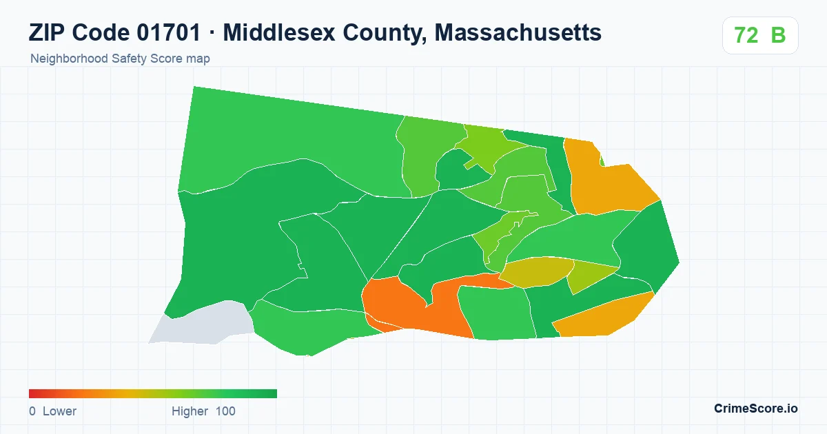 ZIP Code 01701 in Middlesex County, Massachusetts neighborhood Safety Score map