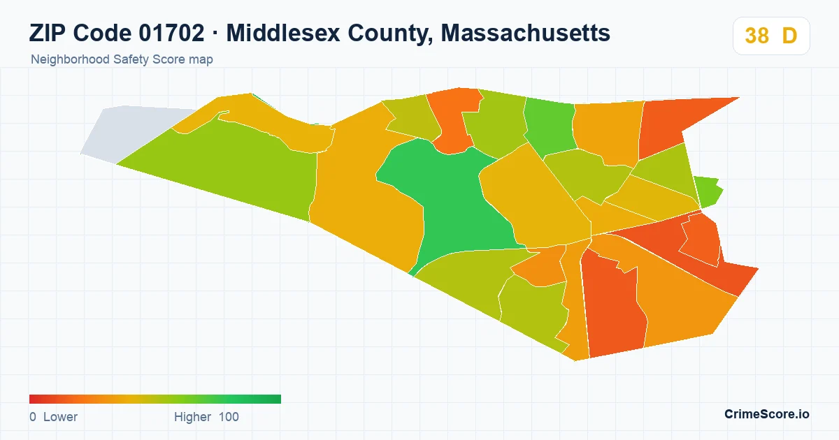ZIP Code 01702 in Middlesex County, Massachusetts neighborhood Safety Score map