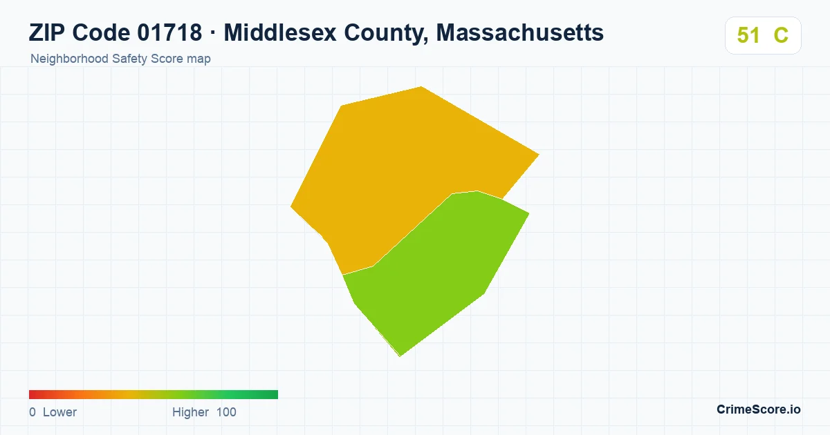 ZIP Code 01718 in Middlesex County, Massachusetts neighborhood Safety Score map