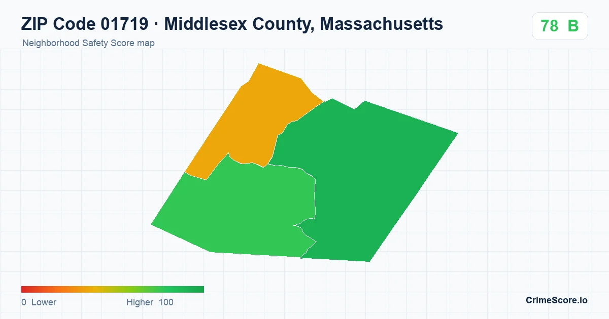 ZIP Code 01719 in Middlesex County, Massachusetts neighborhood Safety Score map