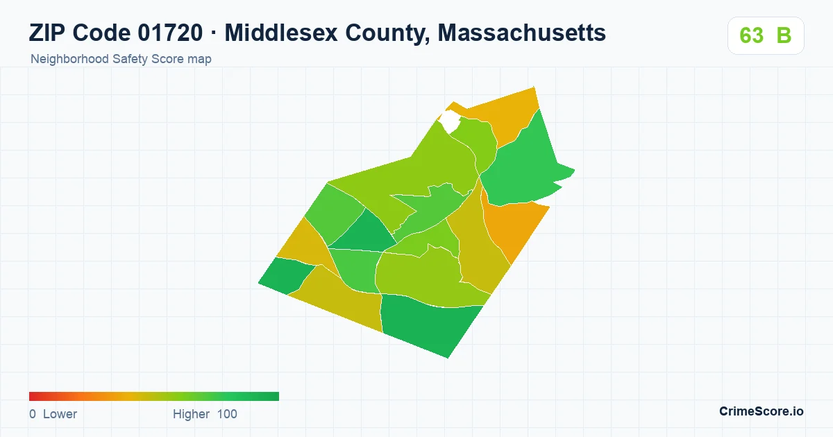 ZIP Code 01720 in Middlesex County, Massachusetts neighborhood Safety Score map