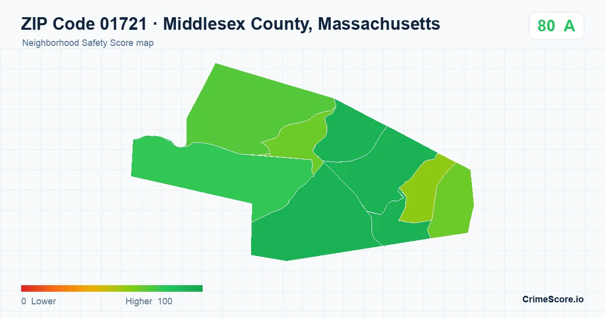 ZIP Code 01721 in Middlesex County, Massachusetts neighborhood Safety Score map