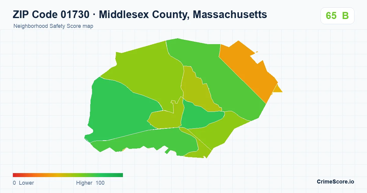 ZIP Code 01730 in Middlesex County, Massachusetts neighborhood Safety Score map