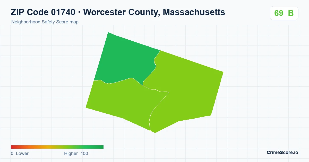 ZIP Code 01740 in Worcester County, Massachusetts neighborhood Safety Score map