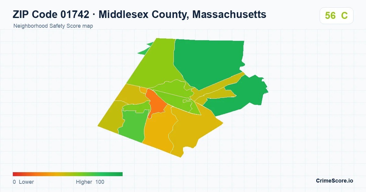 ZIP Code 01742 in Middlesex County, Massachusetts neighborhood Safety Score map