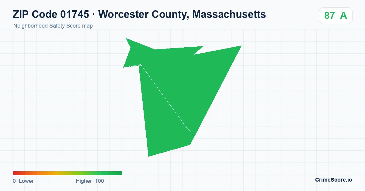 ZIP Code 01745 in Worcester County, Massachusetts neighborhood Safety Score map