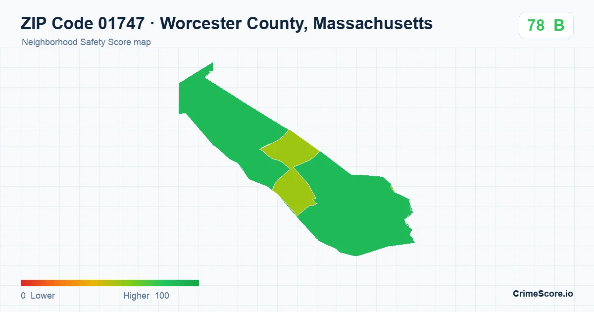 ZIP Code 01747 in Worcester County, Massachusetts neighborhood Safety Score map
