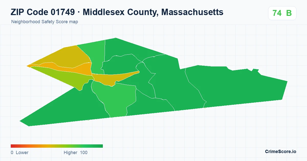 ZIP Code 01749 in Middlesex County, Massachusetts neighborhood Safety Score map