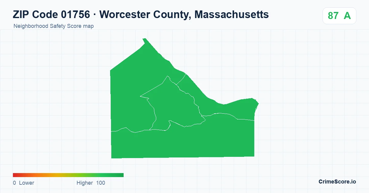 ZIP Code 01756 in Worcester County, Massachusetts neighborhood Safety Score map