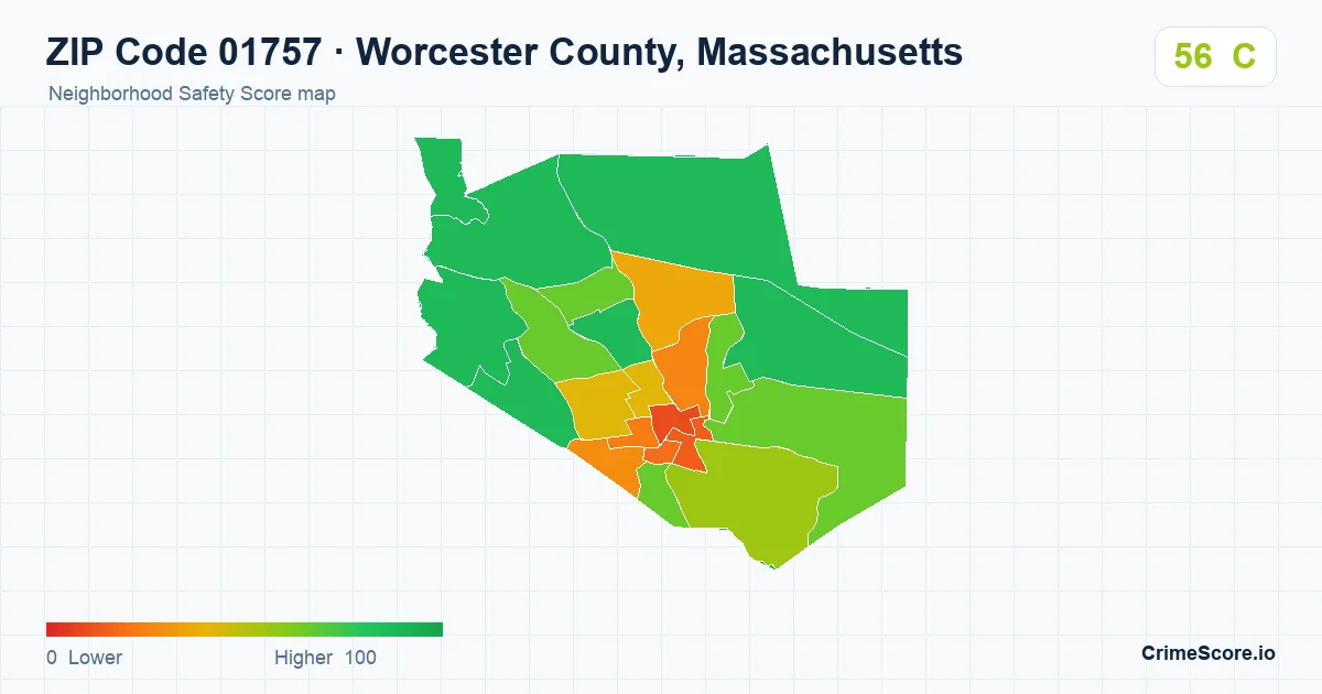 ZIP Code 01757 in Worcester County, Massachusetts neighborhood Safety Score map