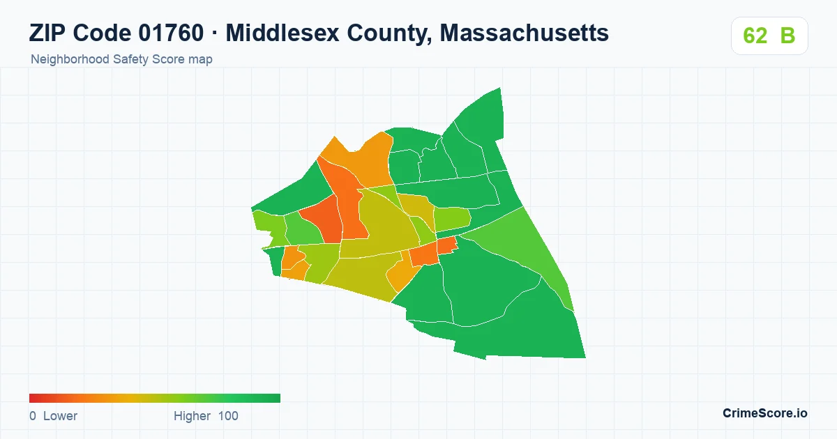 ZIP Code 01760 in Middlesex County, Massachusetts neighborhood Safety Score map