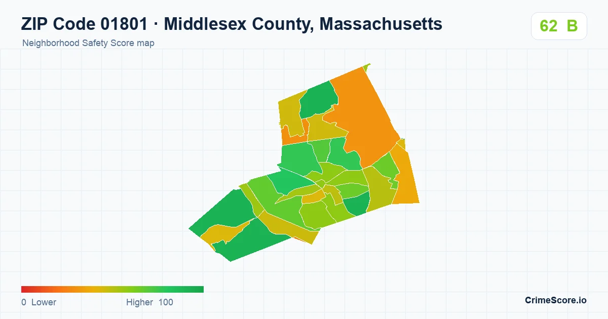 ZIP Code 01801 in Middlesex County, Massachusetts neighborhood Safety Score map