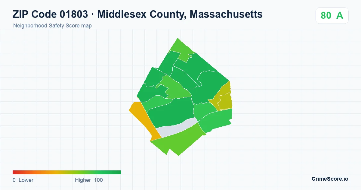 ZIP Code 01803 in Middlesex County, Massachusetts neighborhood Safety Score map