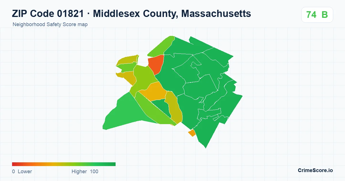 ZIP Code 01821 in Middlesex County, Massachusetts neighborhood Safety Score map