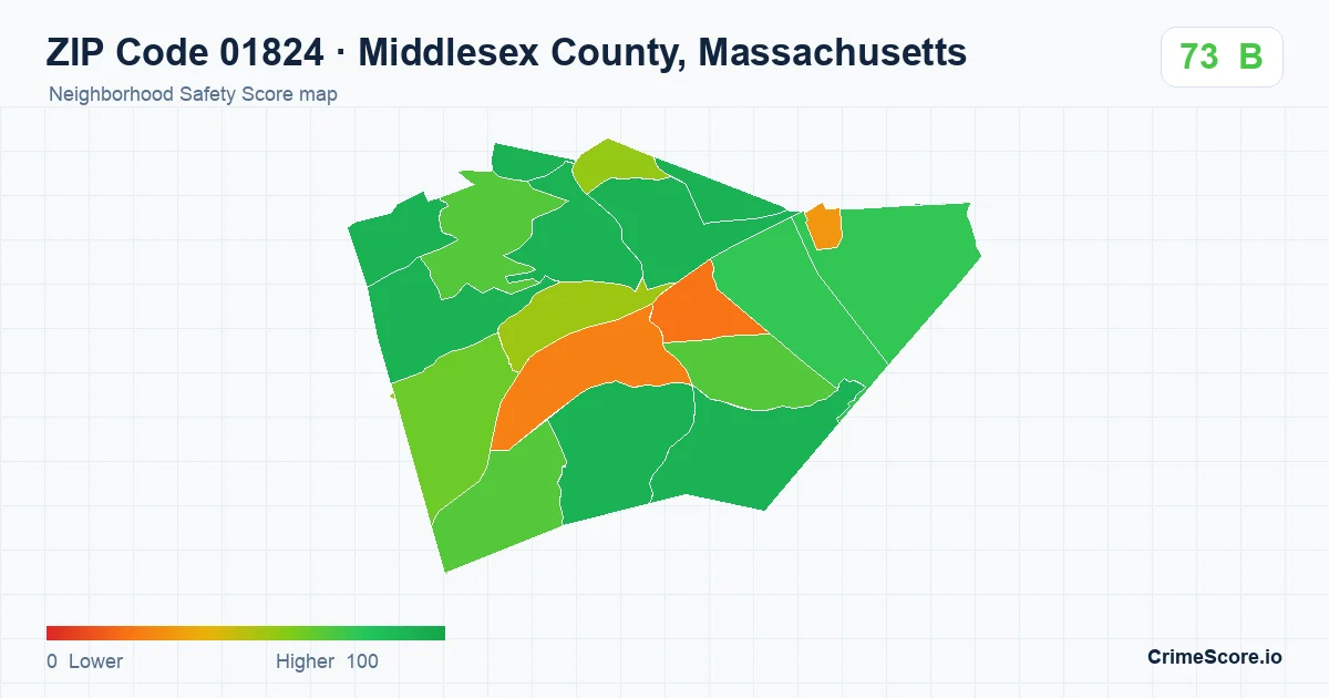 ZIP Code 01824 in Middlesex County, Massachusetts neighborhood Safety Score map