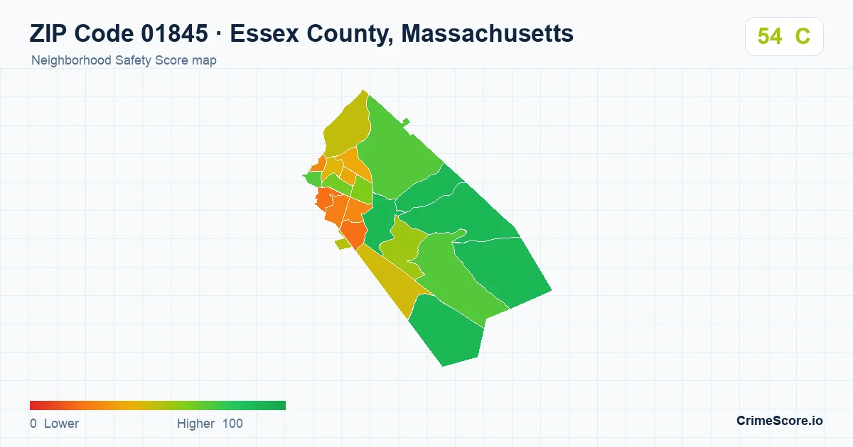 ZIP Code 01845 in Essex County, Massachusetts neighborhood Safety Score map