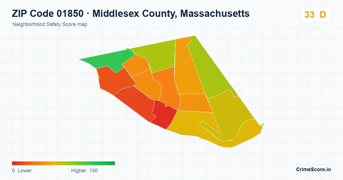 ZIP Code 01850 in Middlesex County, Massachusetts neighborhood Safety Score map