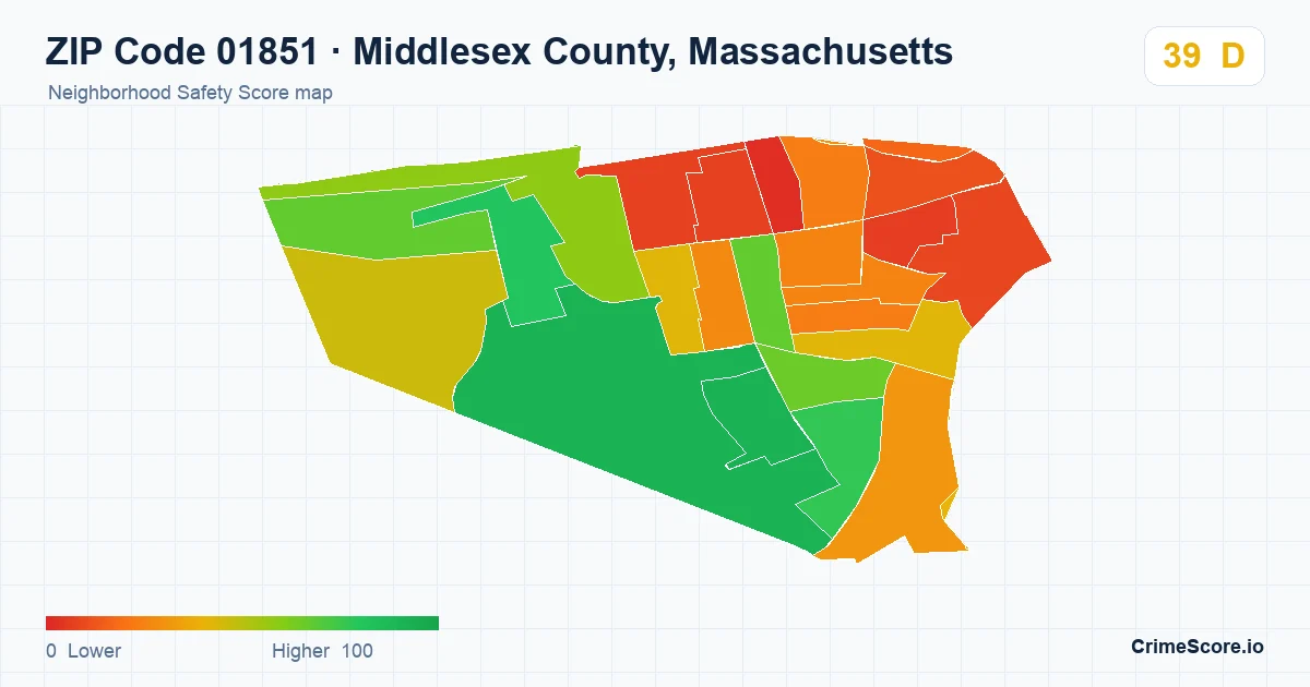 ZIP Code 01851 in Middlesex County, Massachusetts neighborhood Safety Score map
