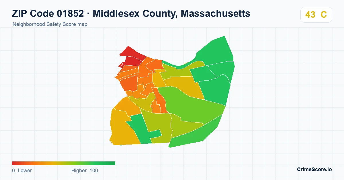 ZIP Code 01852 in Middlesex County, Massachusetts neighborhood Safety Score map