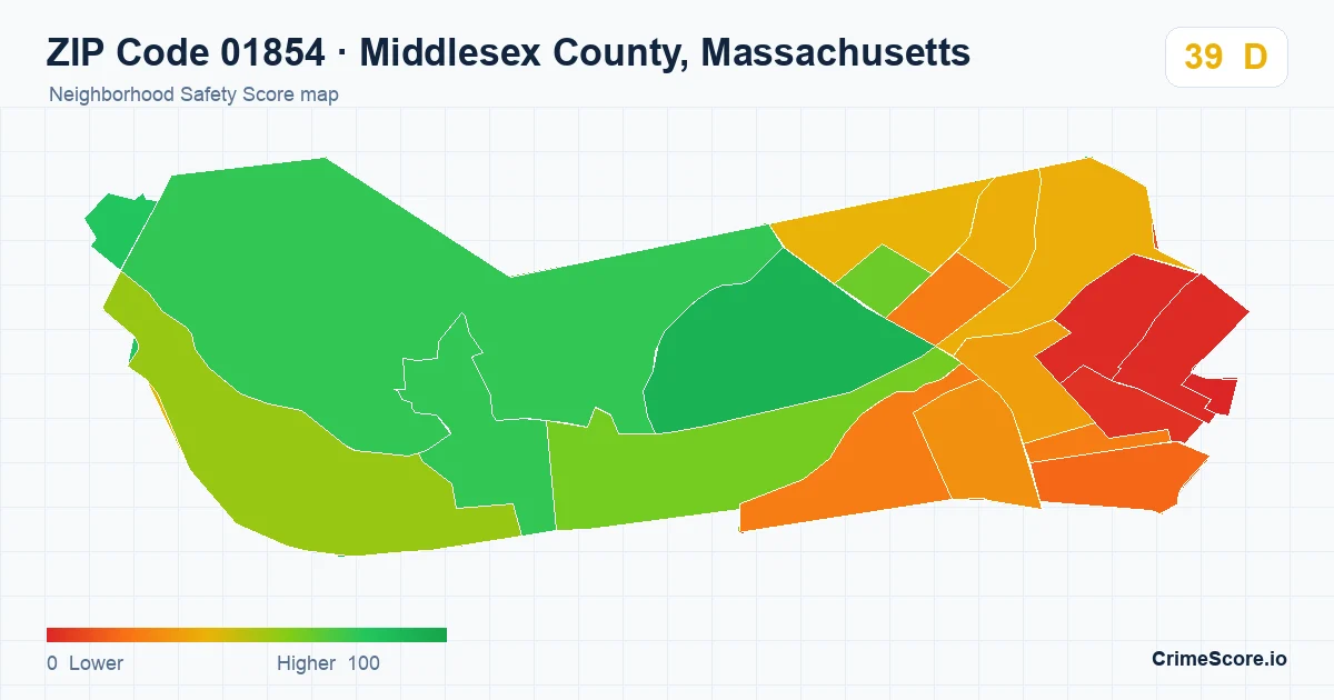 ZIP Code 01854 in Middlesex County, Massachusetts neighborhood Safety Score map