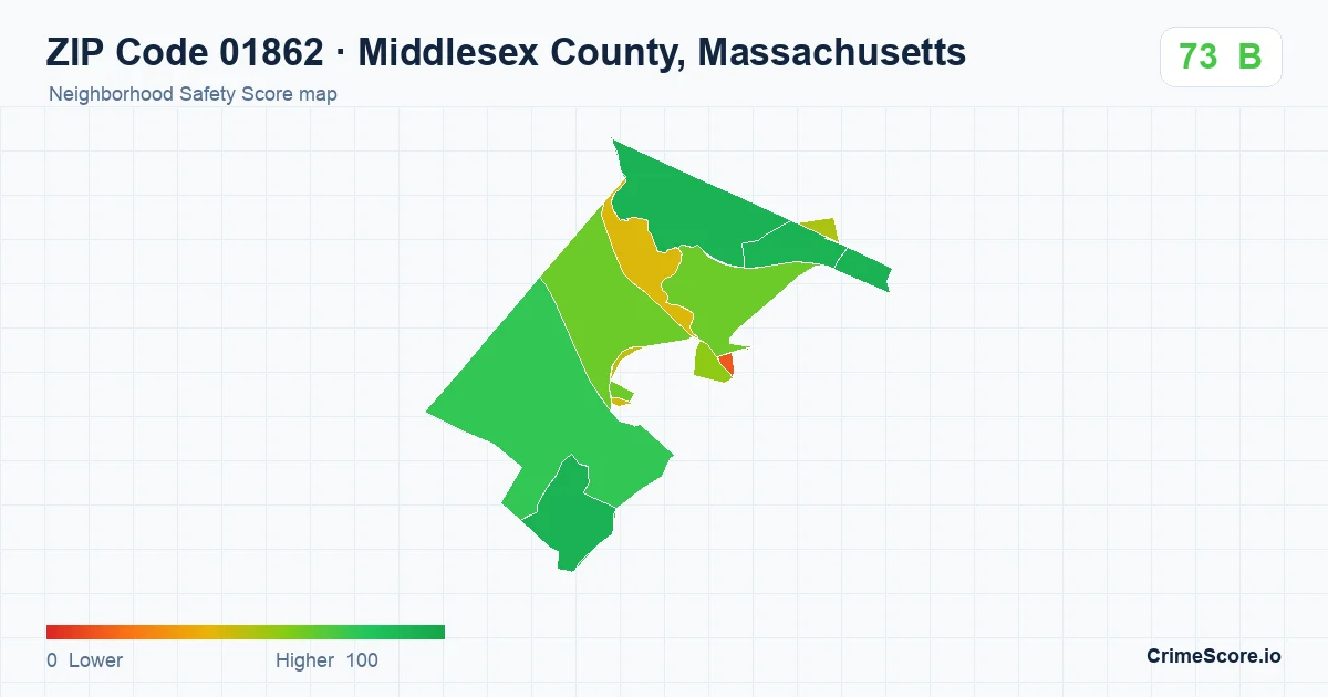 ZIP Code 01862 in Middlesex County, Massachusetts neighborhood Safety Score map
