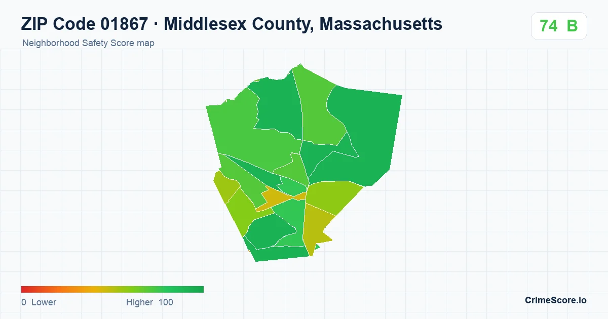 ZIP Code 01867 in Middlesex County, Massachusetts neighborhood Safety Score map