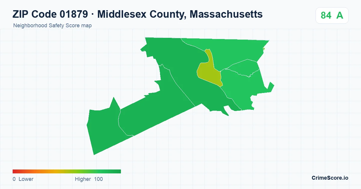 ZIP Code 01879 in Middlesex County, Massachusetts neighborhood Safety Score map