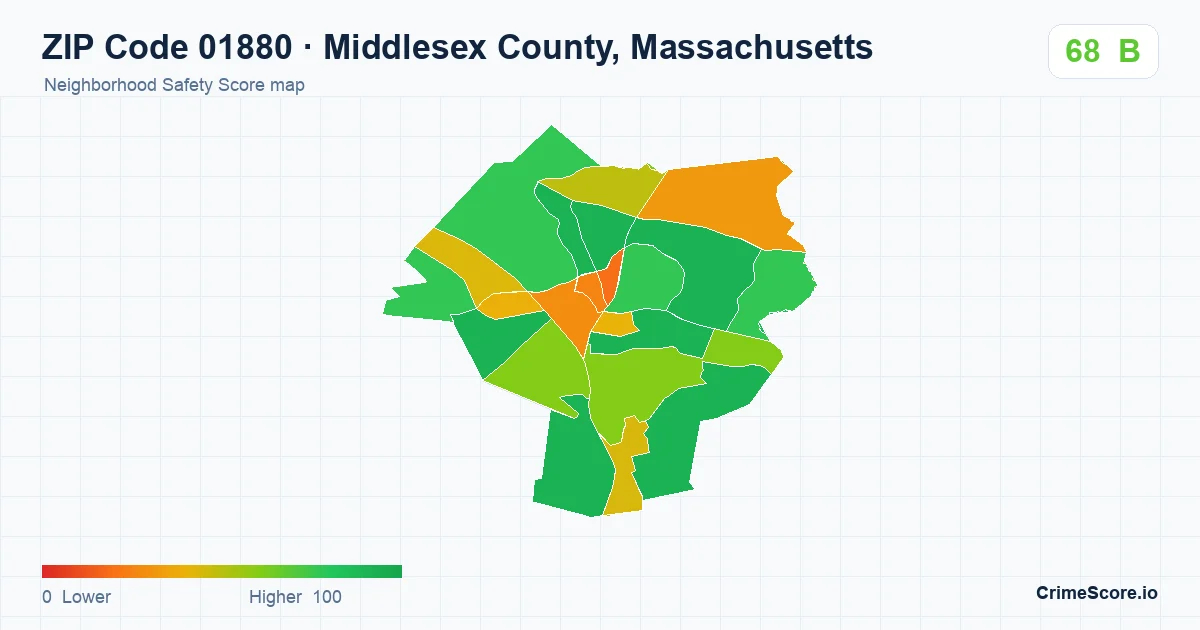 ZIP Code 01880 in Middlesex County, Massachusetts neighborhood Safety Score map