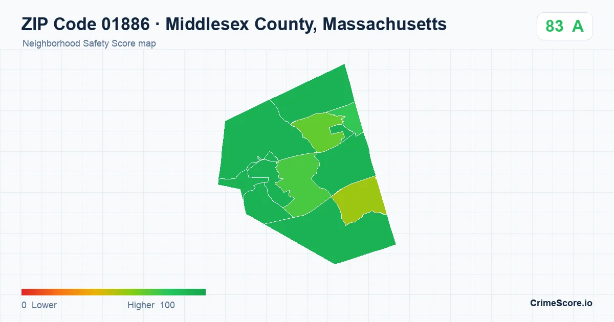 ZIP Code 01886 in Middlesex County, Massachusetts neighborhood Safety Score map