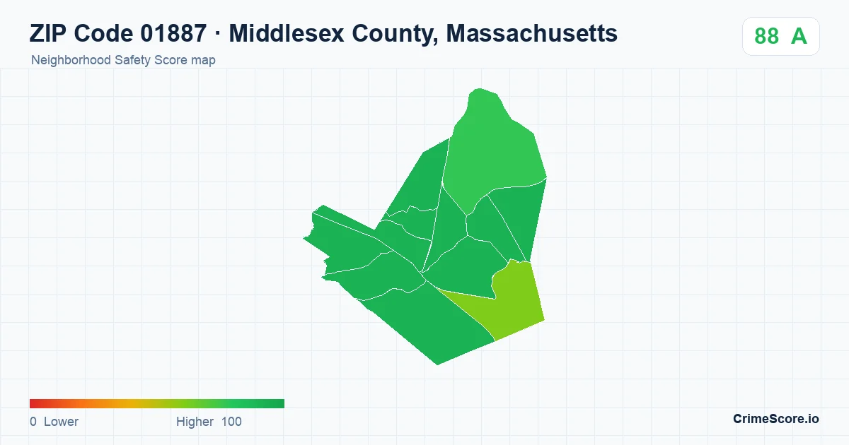 ZIP Code 01887 in Middlesex County, Massachusetts neighborhood Safety Score map