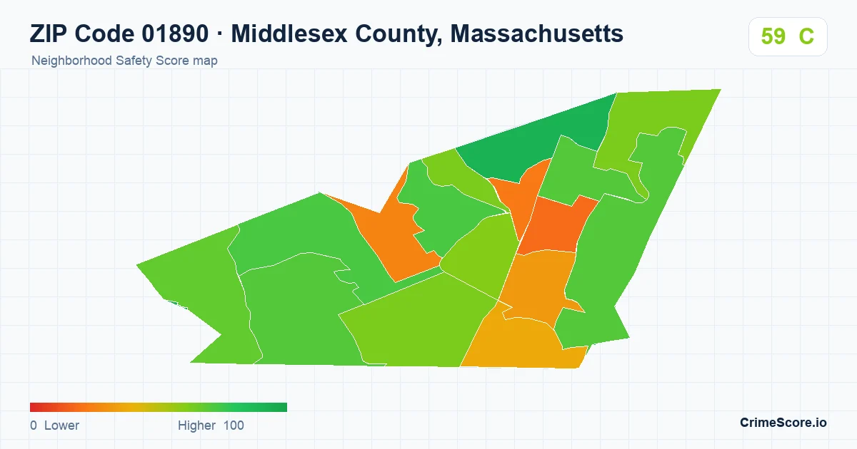 ZIP Code 01890 in Middlesex County, Massachusetts neighborhood Safety Score map