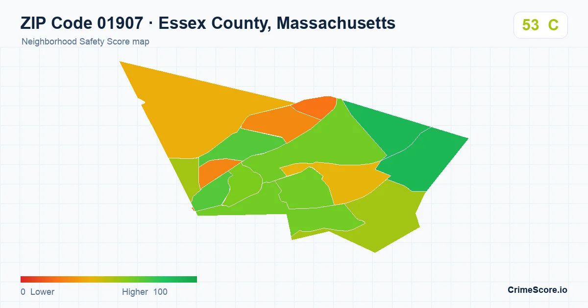 ZIP Code 01907 in Essex County, Massachusetts neighborhood Safety Score map