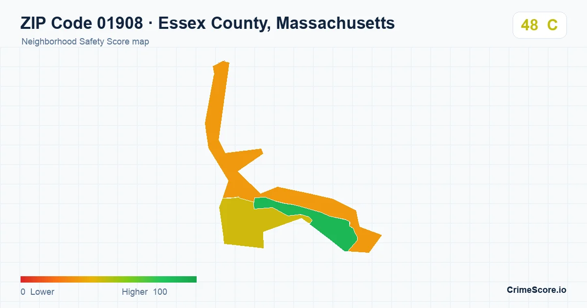 ZIP Code 01908 in Essex County, Massachusetts neighborhood Safety Score map