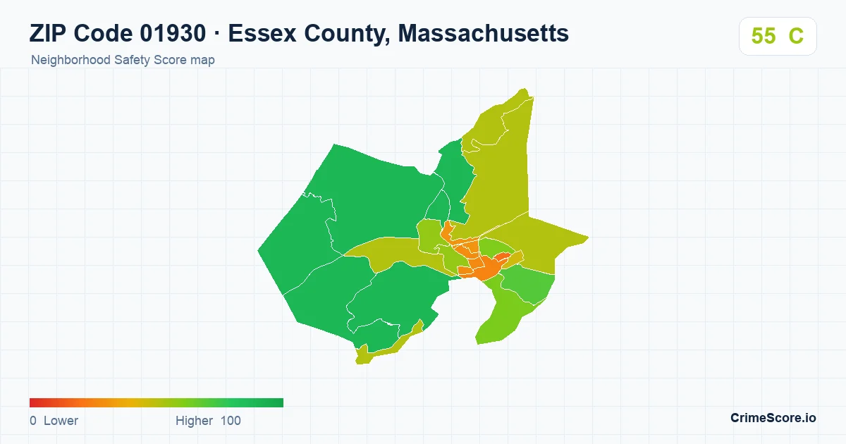 ZIP Code 01930 in Essex County, Massachusetts neighborhood Safety Score map