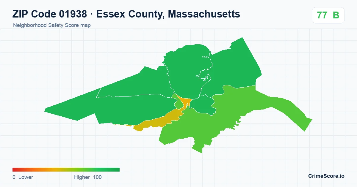 ZIP Code 01938 in Essex County, Massachusetts neighborhood Safety Score map