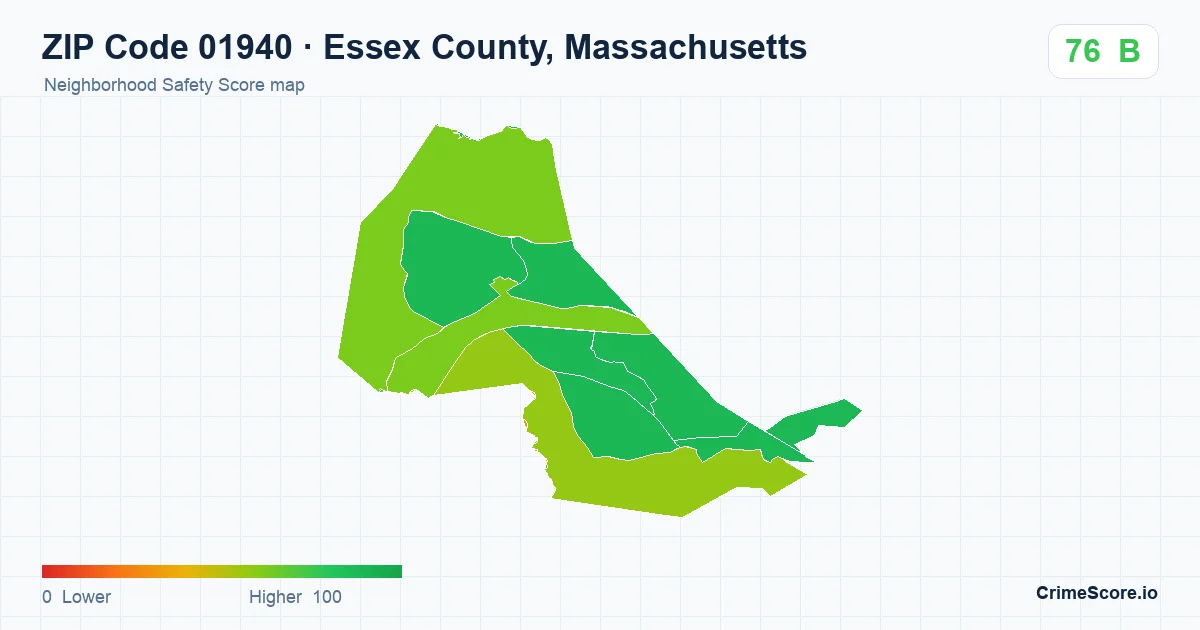 ZIP Code 01940 in Essex County, Massachusetts neighborhood Safety Score map