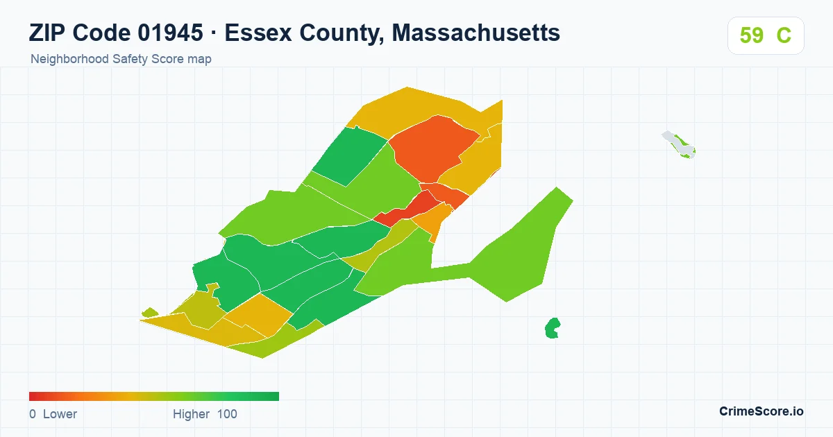 ZIP Code 01945 in Essex County, Massachusetts neighborhood Safety Score map